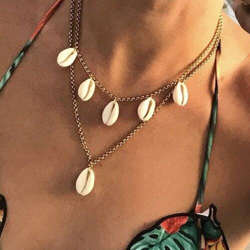 2 Pcs/Set Women Necklaces Natural Cowrie Shell Fringe Clavicle Chain Multilayer Gold Necklace Set Retro Banquet Party Jewelry