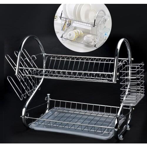 2 Tier Iron Chrome Multifunction Bowl Plate Dish Cup Cutler Drainer Storage Shelf Rack Organizer Holder For Kitchen Storage Tool
