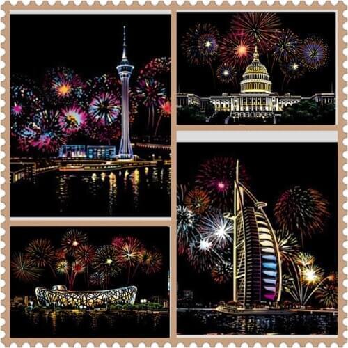 21*29cm 4PC Travel Series A4 City Night Scene Scratch Painting Card Kids decompression Handmade DIY Gifts Creative Drawing Toys