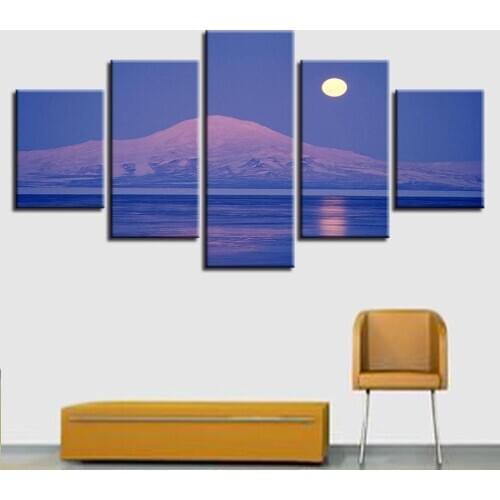 5Pcs Japan Mount Fuji Hd Printed Canvas Painting Snow Mountain Moon Night View Mural Decoration Living Room Art Poster No Frame