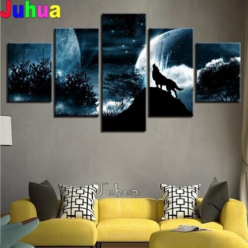 5 piece Moon Night Forest Wolf Diamond Painting Full square Mosaic Diamond Embroidery 100% Round Diamond Picture Crafts And Art