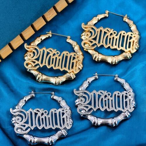 Punk Large Round Circle Bamboo Letters Hoop Earrings For Women Heart Shape Bamboo Gold Silver Color Earring Hiphop Jewelry Gifts