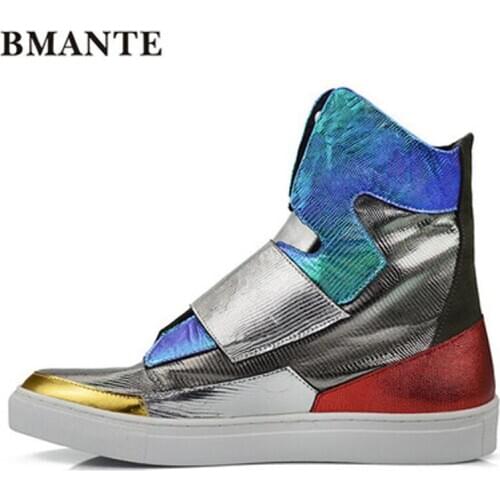 Bmante Men Boots Genuine Leather Dazzling Mixed Colors Lace-up Ankle Shoes Male Adult Casual Basic Sneaker Hip Hop High Street