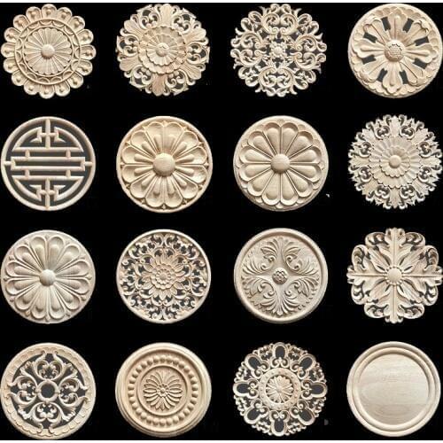 European Style Wooden Applique Wood Carved Decal Flower Craft Wall Doors Furniture Decorative Figurines Wooden Miniatures
