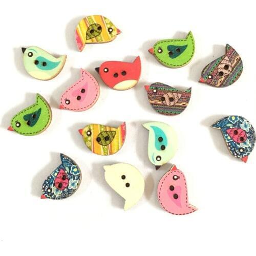 50PCs Mixed Wooden Buttons Cute Bird Pattern Decorati 2 Holes Round Wooden Buttons For Sewing, DIY, Clothing Accessories 7NK213