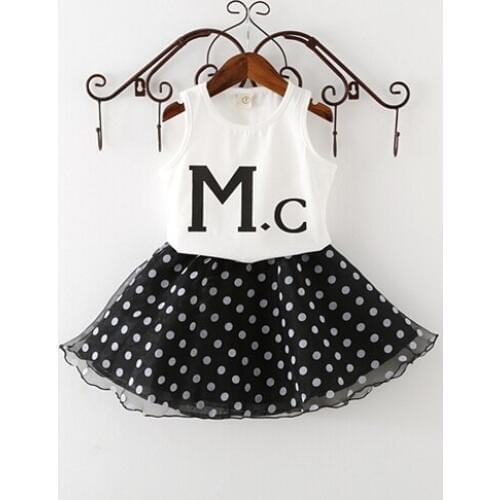 2019 summer kids girls new casual letters white cotton top vest+ polka dots mesh skirt clothing set 3-8 years