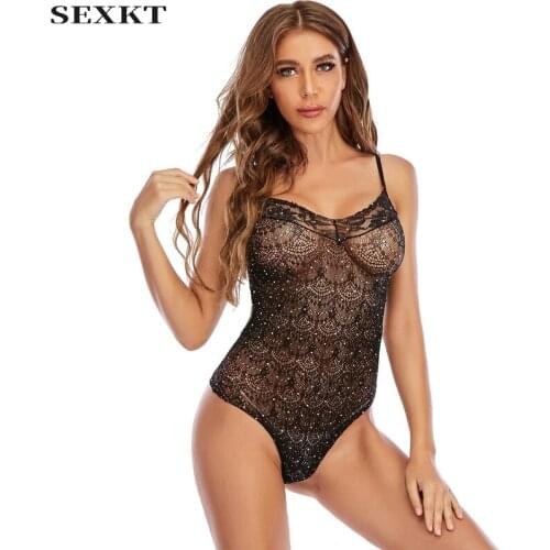 Erotic clothes Sex clothes Sling jumpsuit American Ladies Rhinestone Shiny Sexy Lingerie Fishnet Clothes Hip Skirt