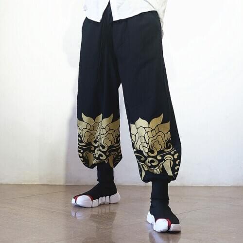 Chinese Traditional Wide Leg Trousers Black Plus Size Loose Linen Cotton Hanging Harem Pants Streetwear National Clothing KK3334