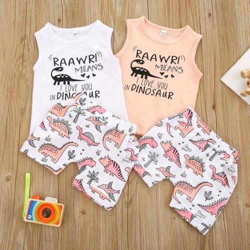 Summer Little Girl Vest and Shorts Casual Suit Cartoon Letter Sleeveless Round Neck Tops Dinosaur Plant Printing Short Pants