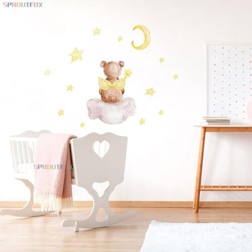 Cartoon Bear Wall Stickers for Kids Rooms Nordic Animals Angles Wings Sticker Mural Art Decal Modern Nursery Decor Baby Boys