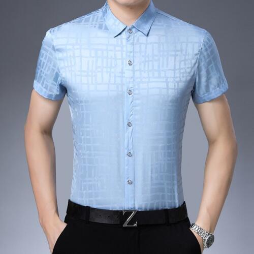 New Arrival Summer Mens Plaid Dress Shirt Elegant Male Silk Shirt Short Sleeve Casual Silk Clothes Free Shipping