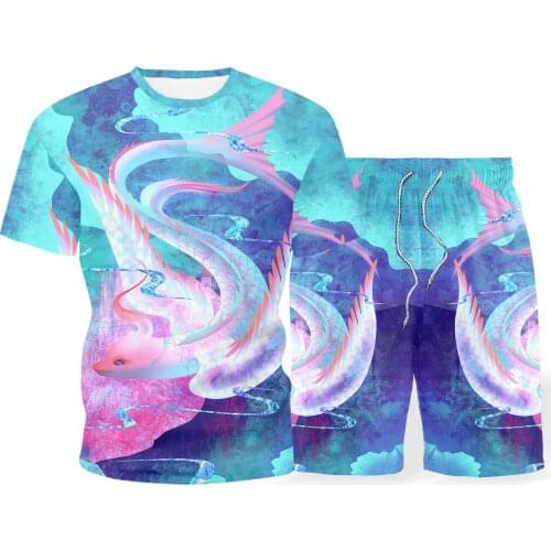 Mens sets summer short-sleeved suit 3D printing fox new fashion casual sportswear two-piece stretch T-shirt street short-sleeve