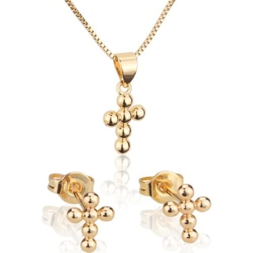 New Arrival Religious Golden Copper Beautifully Jewelry Set Cross Earrings Necklace Set For Women Party Fashion Pendant Gifts