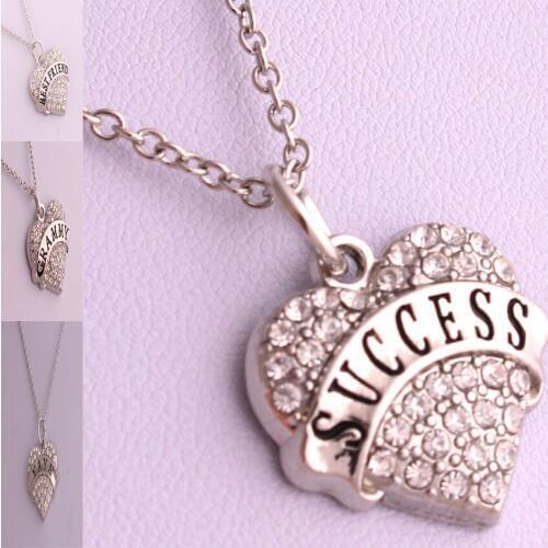 Rhodium plated zinc studded with sparkling crystals BEST FRIEND/GRAMMY/YAYA /SUCCESS heart pendant wheat chain necklace