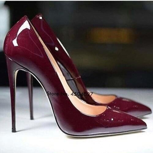 Sexy Mirror Leather Shoes Thin High Heel Wine Red Pointy Toe Pumps Chic Wedding Party Shoes