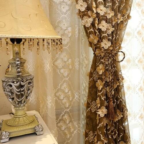 Korean-style European-style Curtains for Living Dining Room Bedroom Balcony Full Version of Pearl Embossed Embroidered Curtains