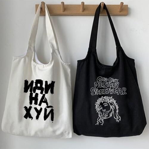 Cartoon Letter Print Tote Bags Women Vintage Casual Punk Chic Fashion Large-capacity Canvas New Goth Ins Shoulder Shopper Bags