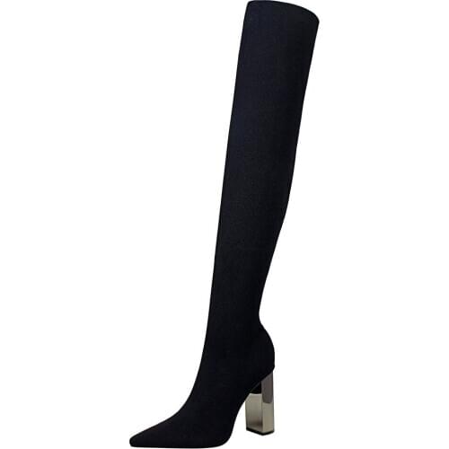 Thigh High Boots Women Knitwear Sock Shoes Laidies 10cm High Block Heels Pointed Toe Black Boots Elegent Party Office Footwear