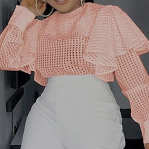 Women Blouses Thin Transparent See Through Plaid Long Sleeves Ruffles Tops Shirt Plus Size XL Fashion Bluas Party Date Birthday
