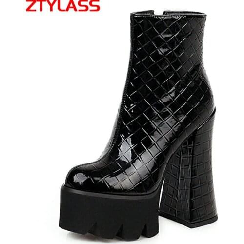 Platform Women Boots 15CM Super High Heel Faux Leather Ankle Boots Autumn Winter Zipper Boots Shoes Big Size 41 42 43