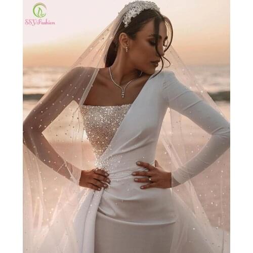 SSYFashion Luxury Satin Wedding Dress Mermaid Detachable Tail One Shoulder Sequins Beading Sexy Wedding Gowns Vestido De Novia