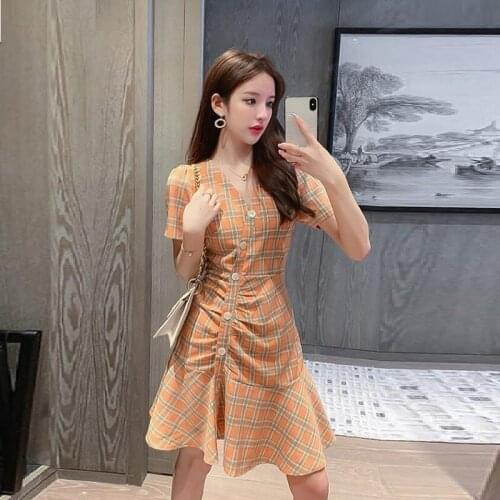 Dress Woman Summer 2020 Fashion Plaid V-Neck Short Sleeve Dresses Loose Leisure Sweet Korean Chic All-Match Vestidos AA5370