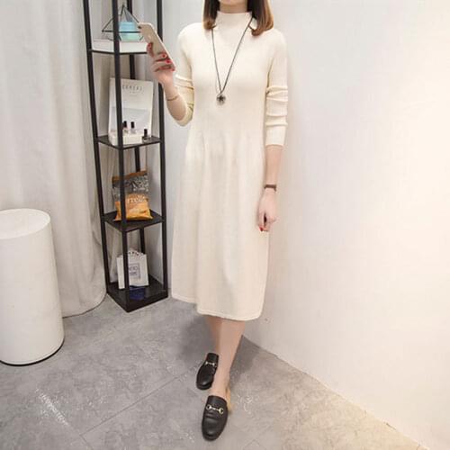 Spring Autumn Polyester Womens Dress Round Collar Long Sleeve Pullover White Black Solid Fashion Casual Dress
