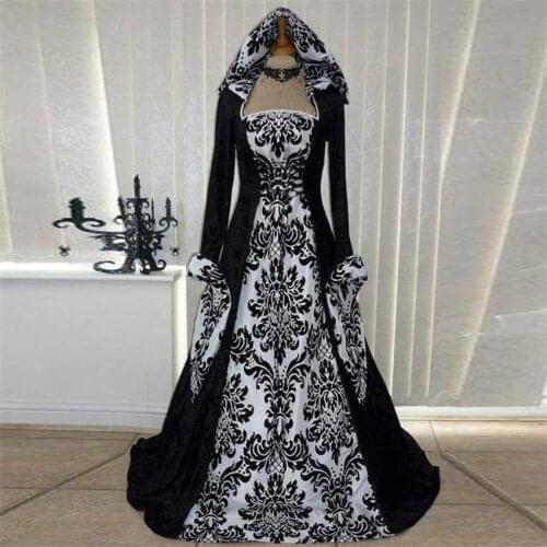 2021 Vintage Gothic Medieval Cosplay Costume Women Renaissance Princess Full Sleeve Print Vestido Victorian Hooded Evening Dress