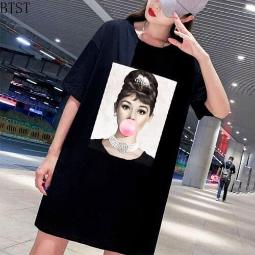 Audrey Hepburn Pink Bubble black Women casual short Sleeve O-Neck Dress Female Streetwear cute Loose Dress