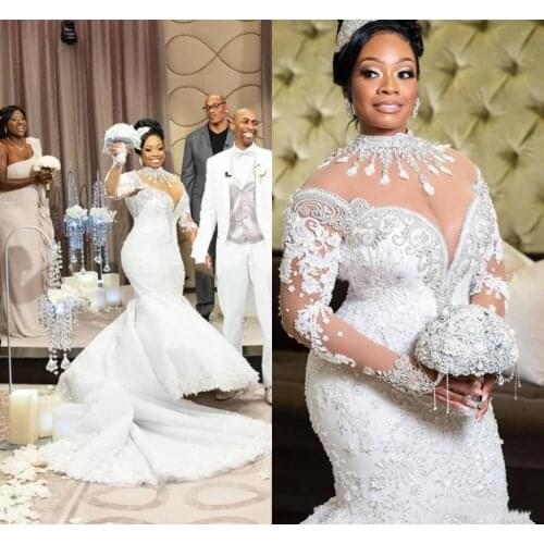 Mermaid Wedding Dresses African Crystal Beaded Jewel Neck Chapel Train Long Sleeves Wedding Dress Applique Lace Bridal Gowns