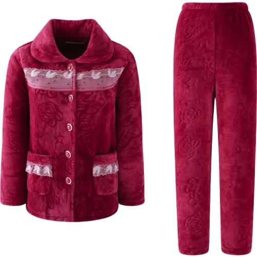 Winter Women Pajamas Thick Flannel Sleepwear Plus Size 3XL Pyjamas Female Lace Stitching Pijamas Mujer Warm Coral Fleece Lounge