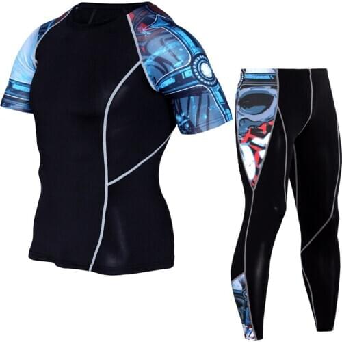 2Pcs Sports Set Men High Elastic Compression Tights T-Shirts Gym Leggings Trainning Running Sportswear Fitness Tracksuit S-4XL