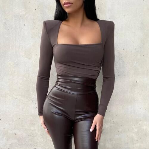 2021 Fashion Women Casual Fashion Rompers Bodysuits Leotard Top Shoulder Pads Long Sleeve Square Collar Ruched Jumpsuits