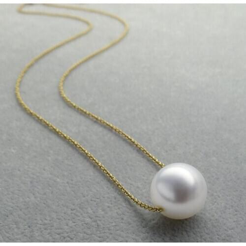 Free shipping Classic AAA 11-12mm Round Genuine South Sea White Pearl Necklace 18K Yellow Gold