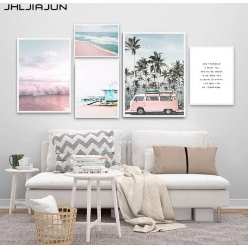 JHLJIAJUN Ocean Landscape Canvas Poster Nordic Style Beach Pink Bus Wall Art Print Painting Decoration Scandinavian Home Decor