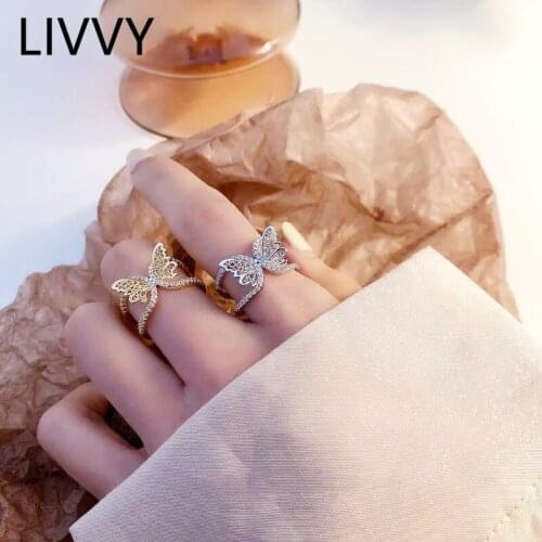 LIVVY Silver Color Butterfly Micro-inlaid Shiny Zircon Rings Female Fashion Open Trend Temperament High Quality Jewelry Gift