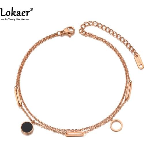 Lokaer Rose Gold Color Love Double Geometry Circle Anklets For Women Titanium Steel Foot Link Chain Anklet Female Jewelry A20017