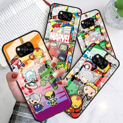 Marvel cartoon cute for Xiaomi POCO X3 NFC F3 M2 X2 F2 Redmi K30 Redmi Note 9 Pro Luxury Tempered Glass Phone Case Cover