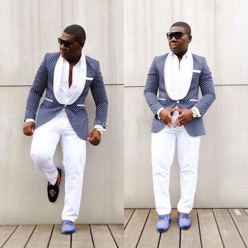 Fashionable One Button Blue Polka Dot Groom Tuxedos Shawl Lapel Groomsmen Men Blazers Suits (Jacket+Pants+Tie) NO:349