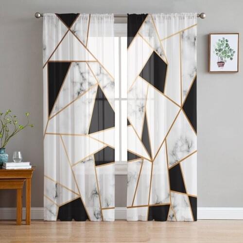 Marble Texture White Black Square Modern Tulle Curtains for Living Room Bedroom Home Kitchen Window Sheer Curtains