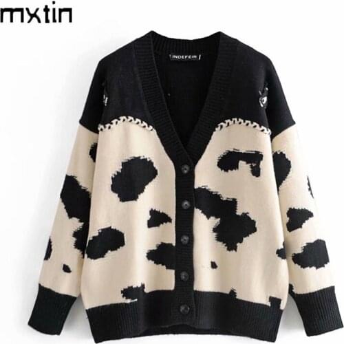 MXTIN 2021 Women Vintage Animal Pattern Loose Cardigan Knitted Sweater V Neck Long Sleeve Leopard Print Chic Casual Femme Tops