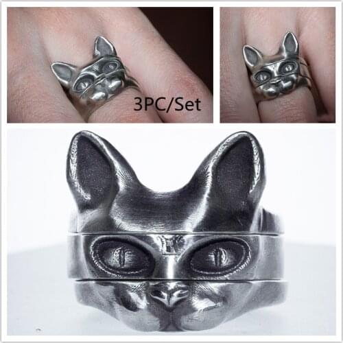 3PC Rings Set Vintage Silver Plated Vintage Sphinx Cat Rings for Men Women Unisex Jewelry Punk Finger Ring Anniversary Rings