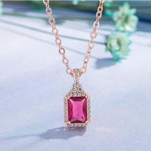 Natural Rubellite Gemstone 14K Rose Gold Pendants Necklace Pierscionki Bizuteria with Cushion Zircon Jewelry Gift for Loves