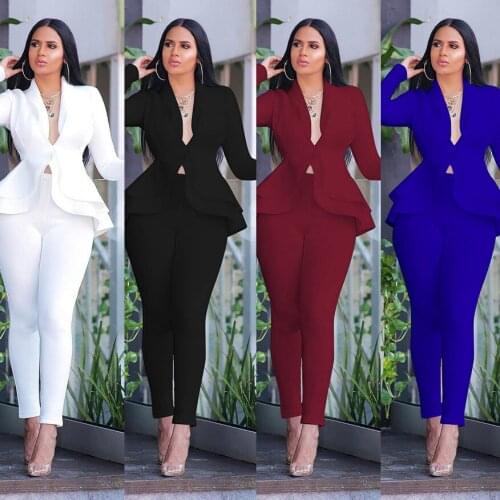 New Women Winter Womens Set Tracksuit Full Sleeve Ruffles Blazers Pencil Pants Suit Two Piece Set Office Lady Outfits Uniform