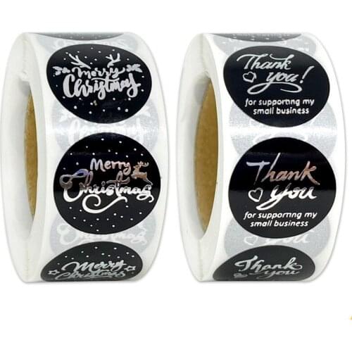 Novel Multi-pattern Merry Christmas Thank You Stickers 500pcs Silver Black Label Holiday Envelope Handmade Decor Sealing Sticker