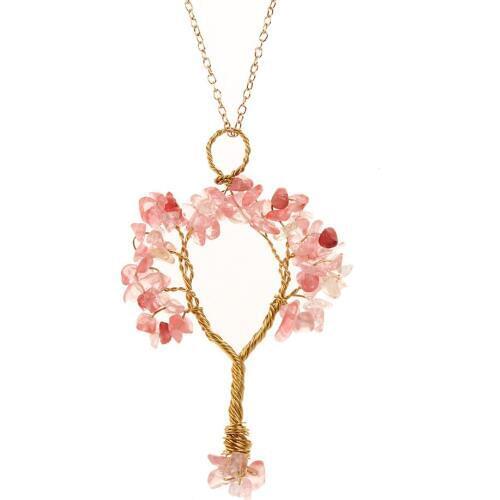 Hot 6PCS Golden Copper Wire Wind Handmade Natural Stone Fortune Riches Tree of Life 7 Chakra Pendant Necklace Reiki Jewelry Free