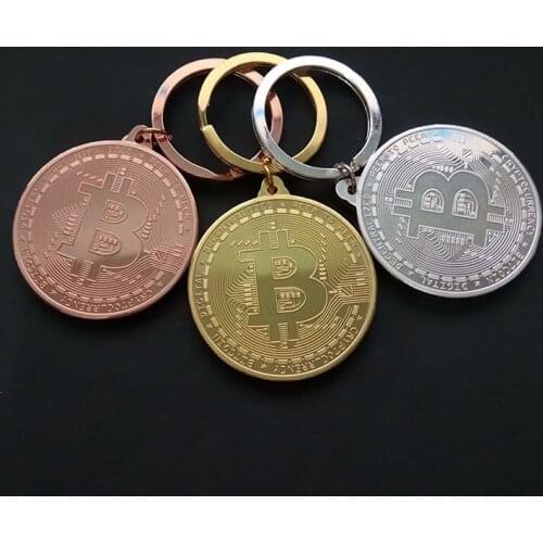 Gold Plated Bitcoin Coin Key Chain Money Souvenir Home Decoration Keyring Pendant Collectible Coin Art Collection Gift