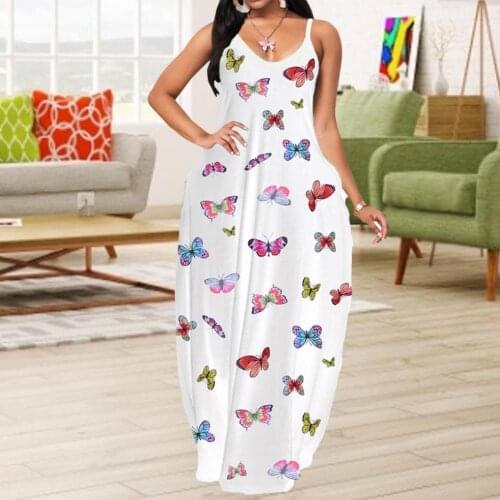Plus Size Womens Sling Butterfly Print Long Dresses Arrival Summer Sleeveless Party Beach Maxi Dress Casual Sundress