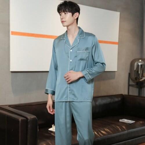 Satin Pajamas Sleep Set Long Sleeve Sleepwear Mens 2PCS Shirt&Pants Suit Pyjamas Pour Male Nightwear Home Wear Intimate Lingerie