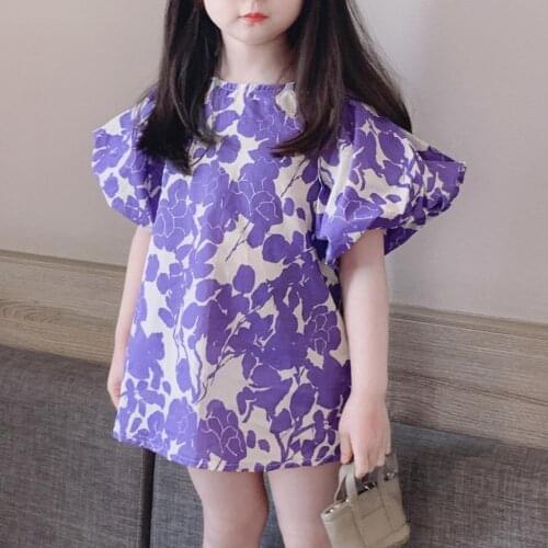 Stylish Girls Skirt Floral Pattern All-match Breathable Kids Short Sleeve Princess Dress for Summer